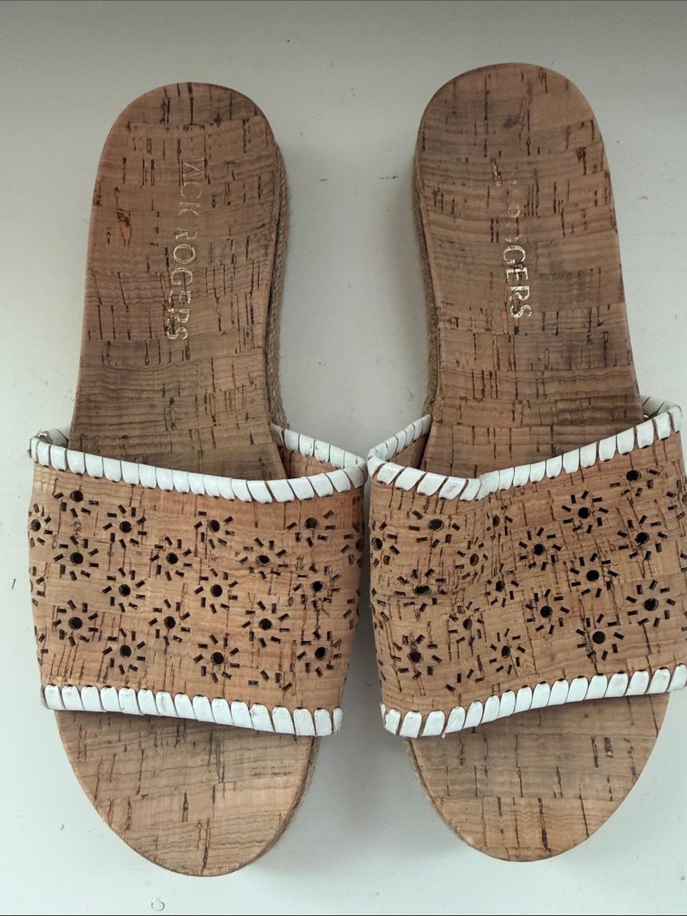 Jack Rogers Cork Slide Sandals in Tan with White Trim